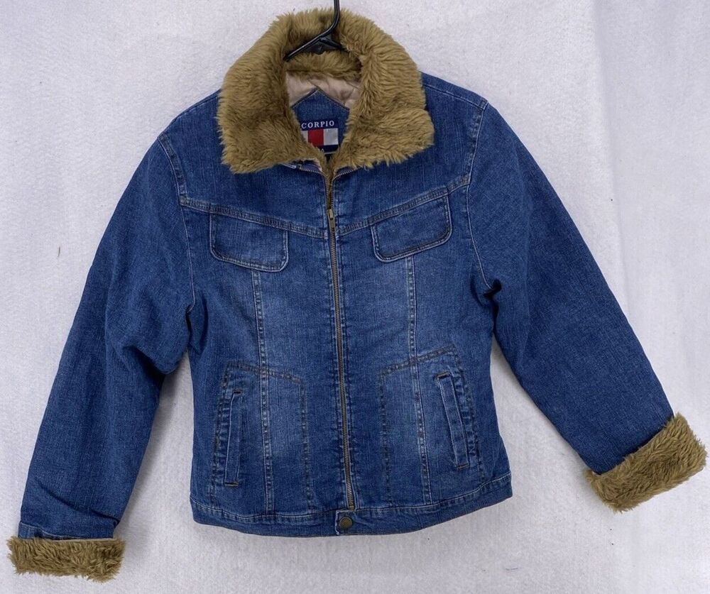Vintage Scorpio USA Womens Medium Faux Fur Trim Denim Trucker Jacket Y2K Blue